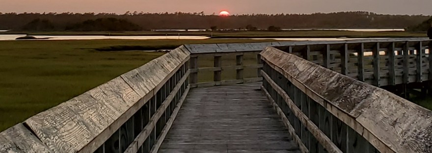 A gray and gold sunset fills the sky over a marshy landscape. The sun itself is about to dip below a horizon of distant trees. In the foreground, a weathered wooden boardwalk makes an L-bend to the right.